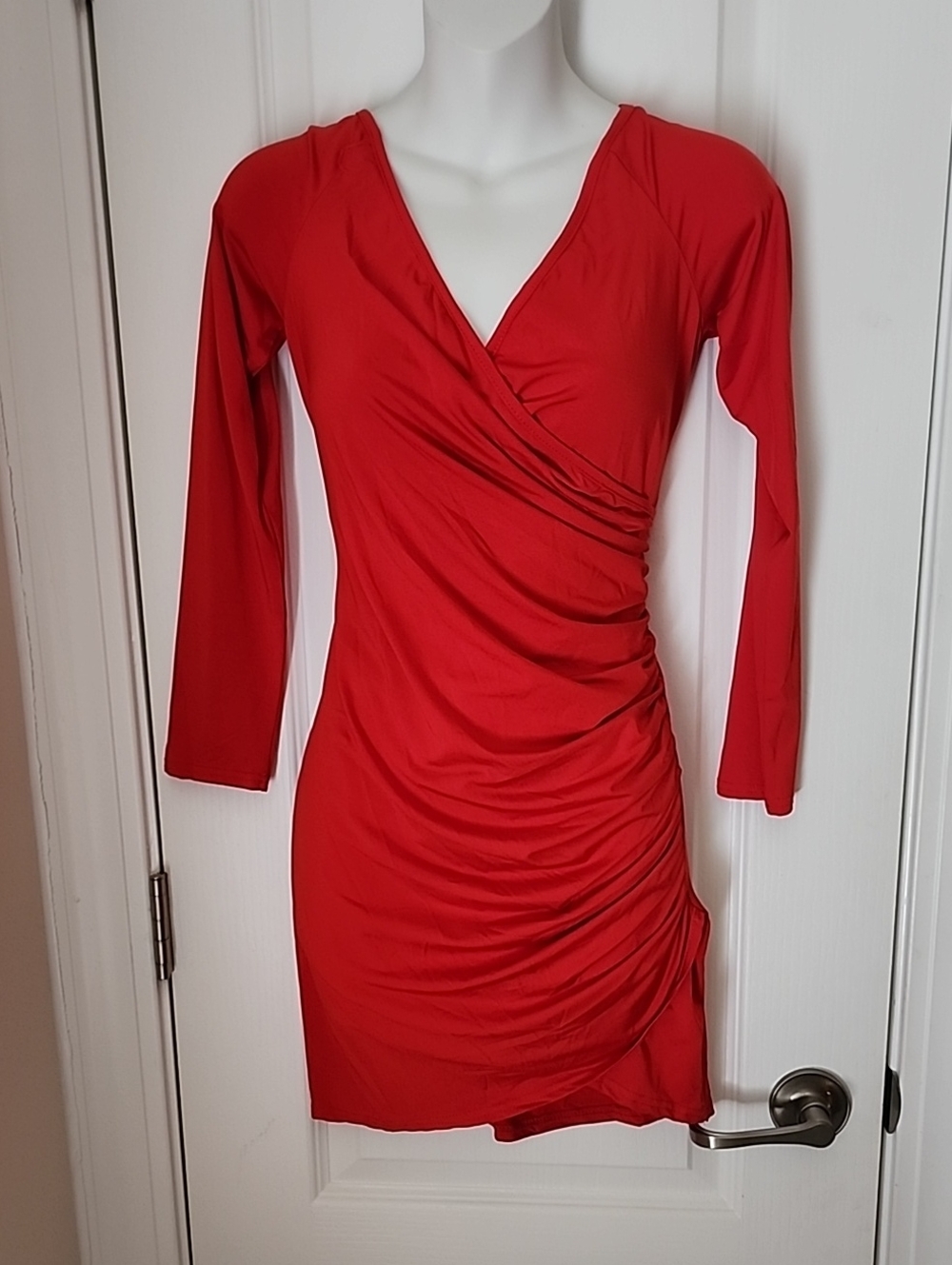 Red Wrap-Style Long Sleeve Dress